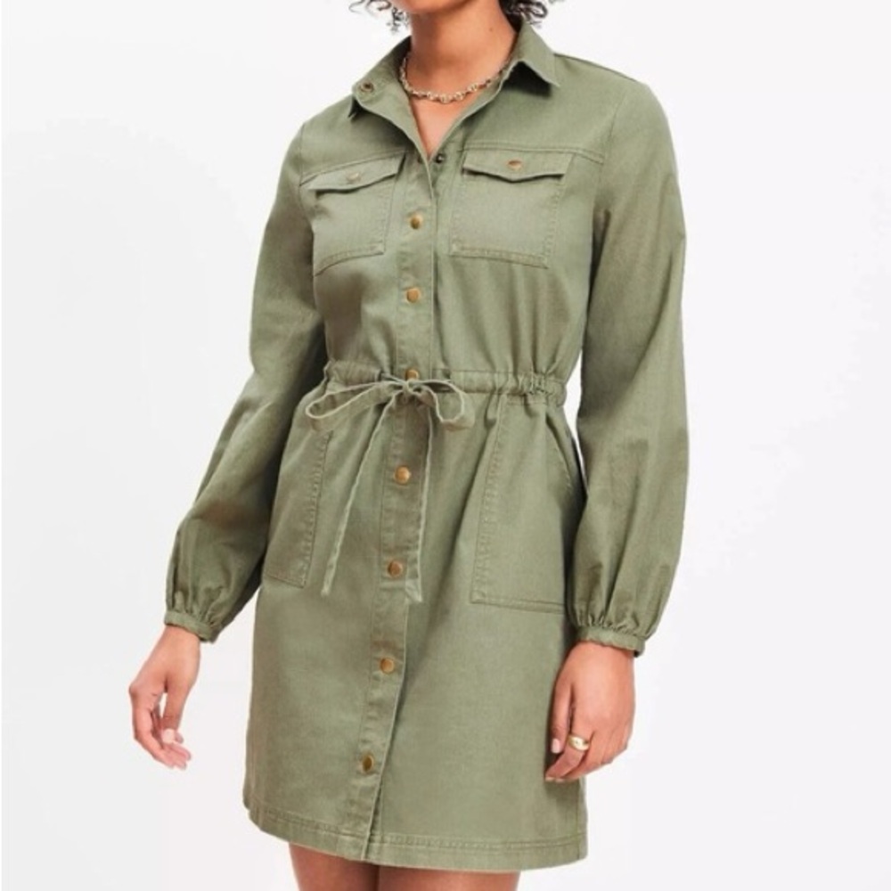 Loft Olive Green Button Pocket Shirtdress